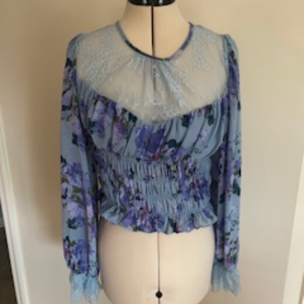 NWT Free People Daphne Long Sleeve Blouse Blue Small Floral Lace Size Large